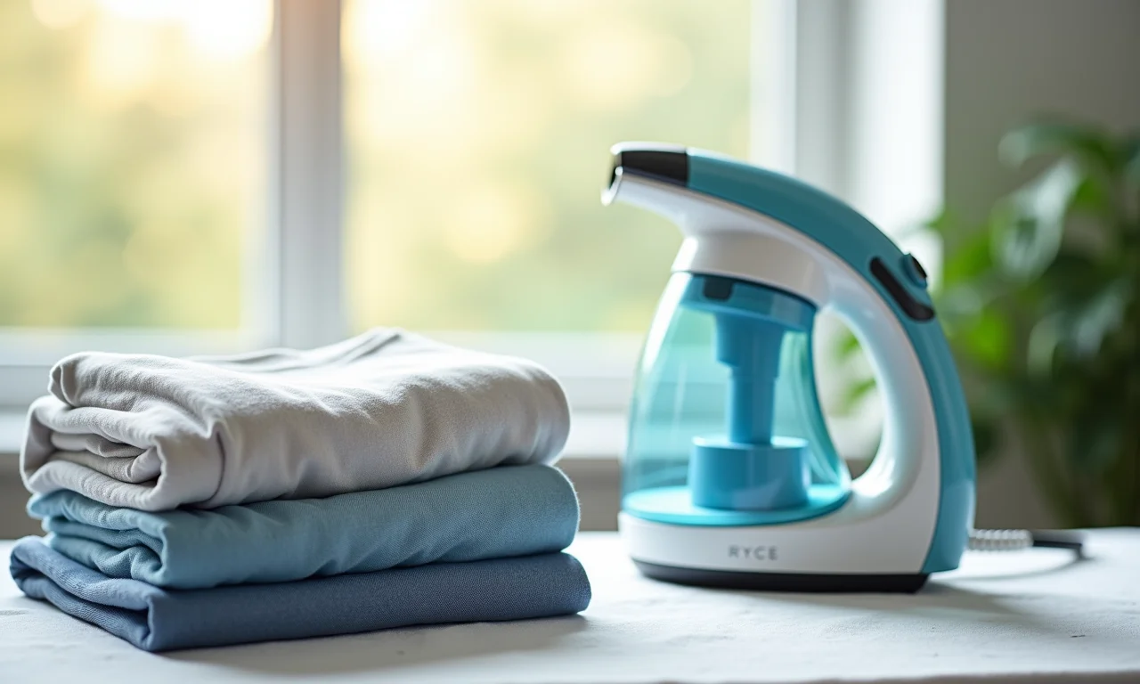 Vaporizador ao lado de roupas dobradas que não precisam passar.