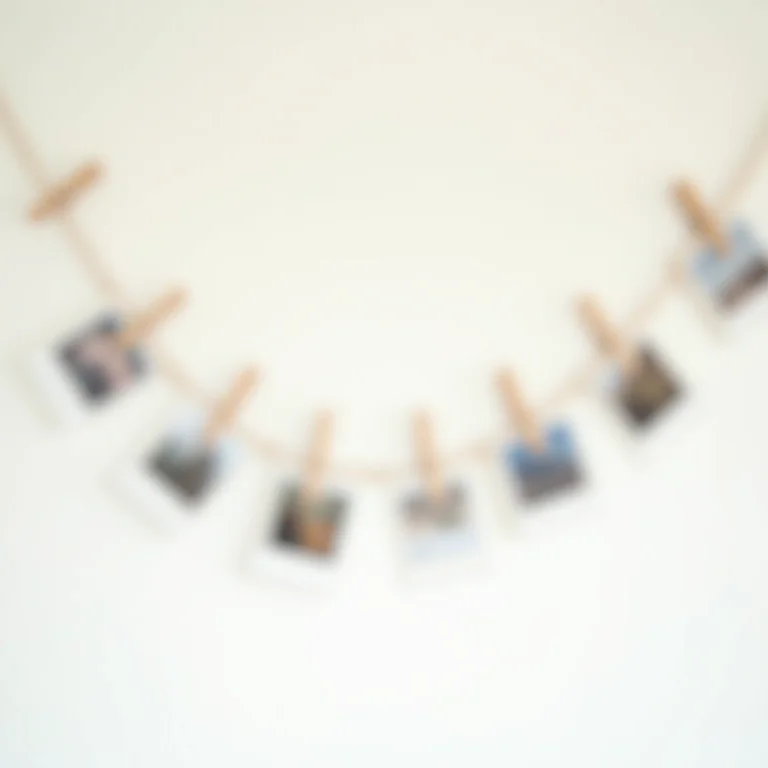 Varal de fotos decorativo feito com prendedores de roupa.