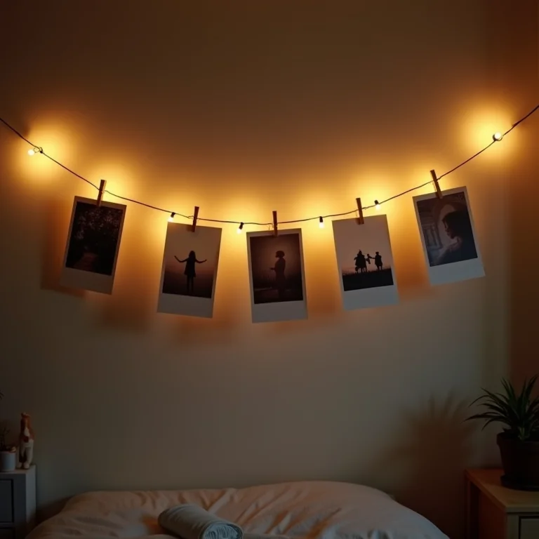 Varal de fotos iluminado com prendedores de roupa