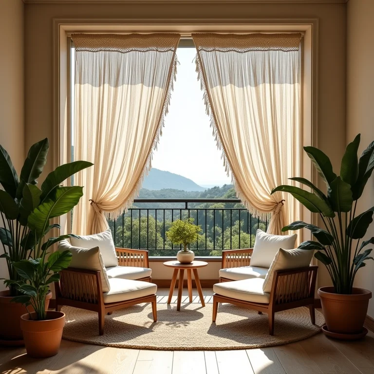 Varanda alegre e convidativa com cortinas de macramê