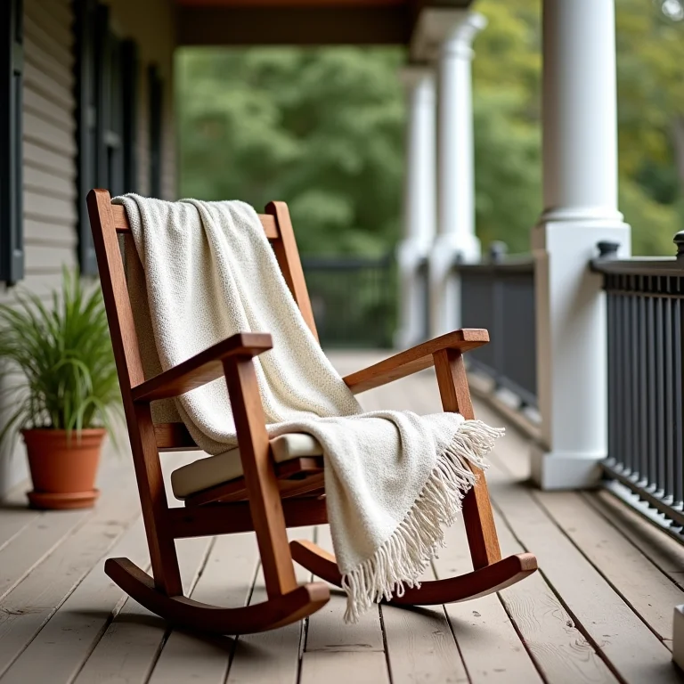 Varanda de madeira com decoração que transmite aconchego e beleza natural.