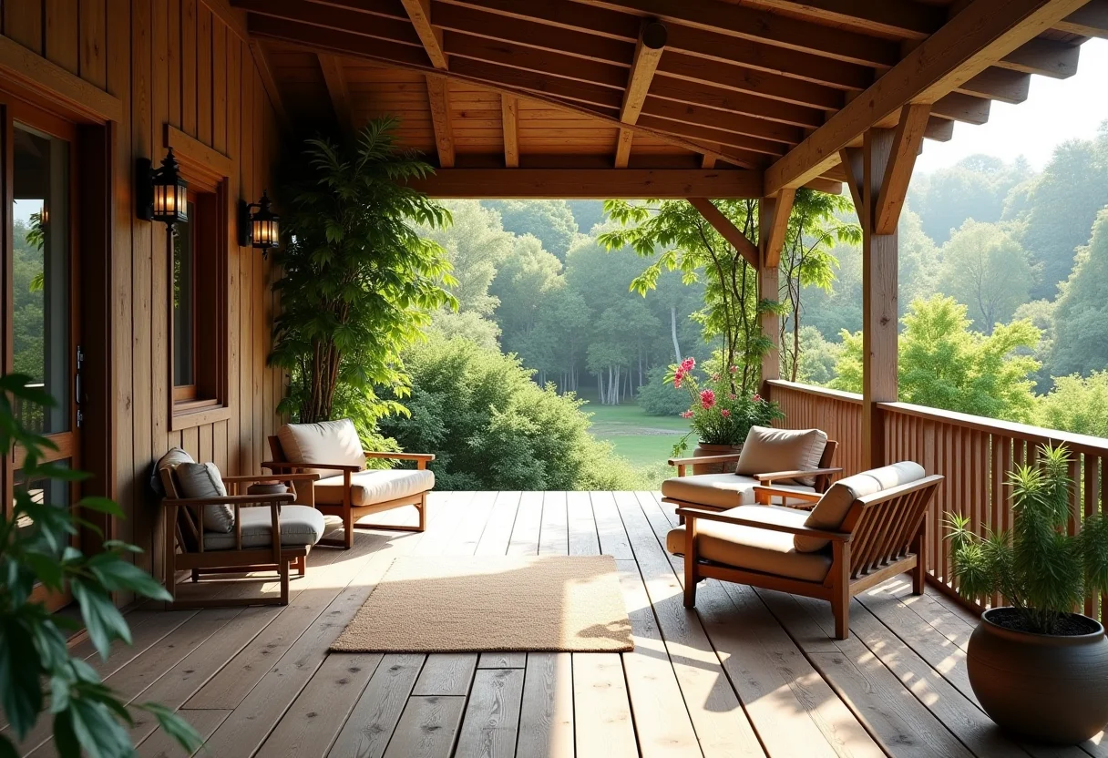 Varanda de madeira decorada com charme rústico e aconchegante.