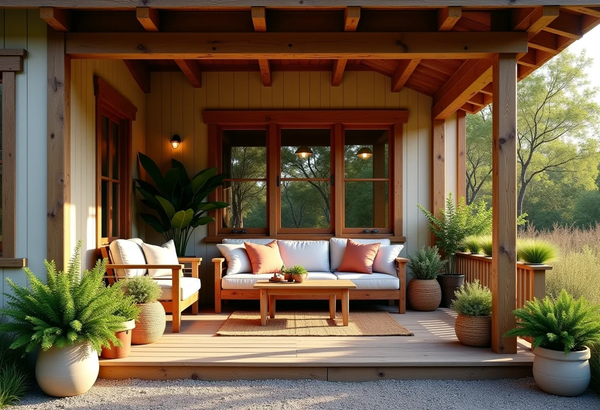 Varanda de madeira decorada com charme rústico