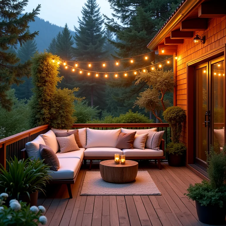 Varanda de madeira decorada com luzes e plantas.