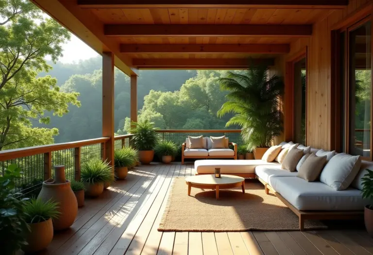 Varanda de madeira decorada com móveis confortáveis e plantas exuberantes.