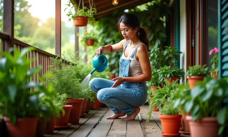 Varanda florida com plantas de sombra e decoração vibrante em estilo Farm Rio.
