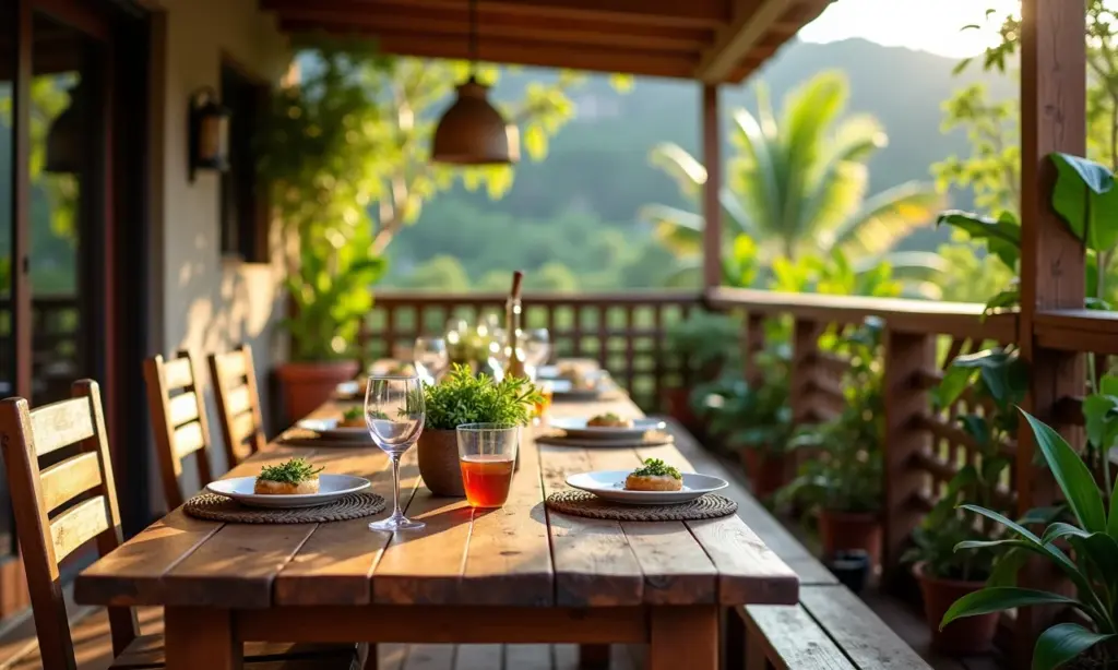 Varanda gourmet decorada com mesa rústica de demolição, plantas e iluminação natural.