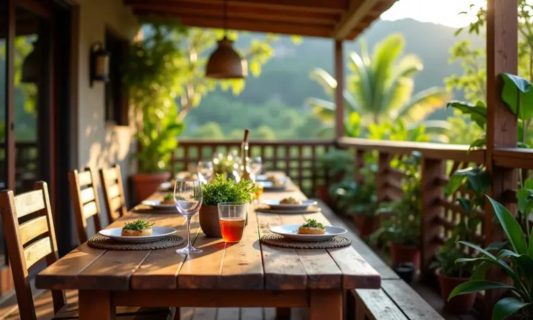 Varanda gourmet decorada com mesa rústica de demolição, plantas e iluminação natural.