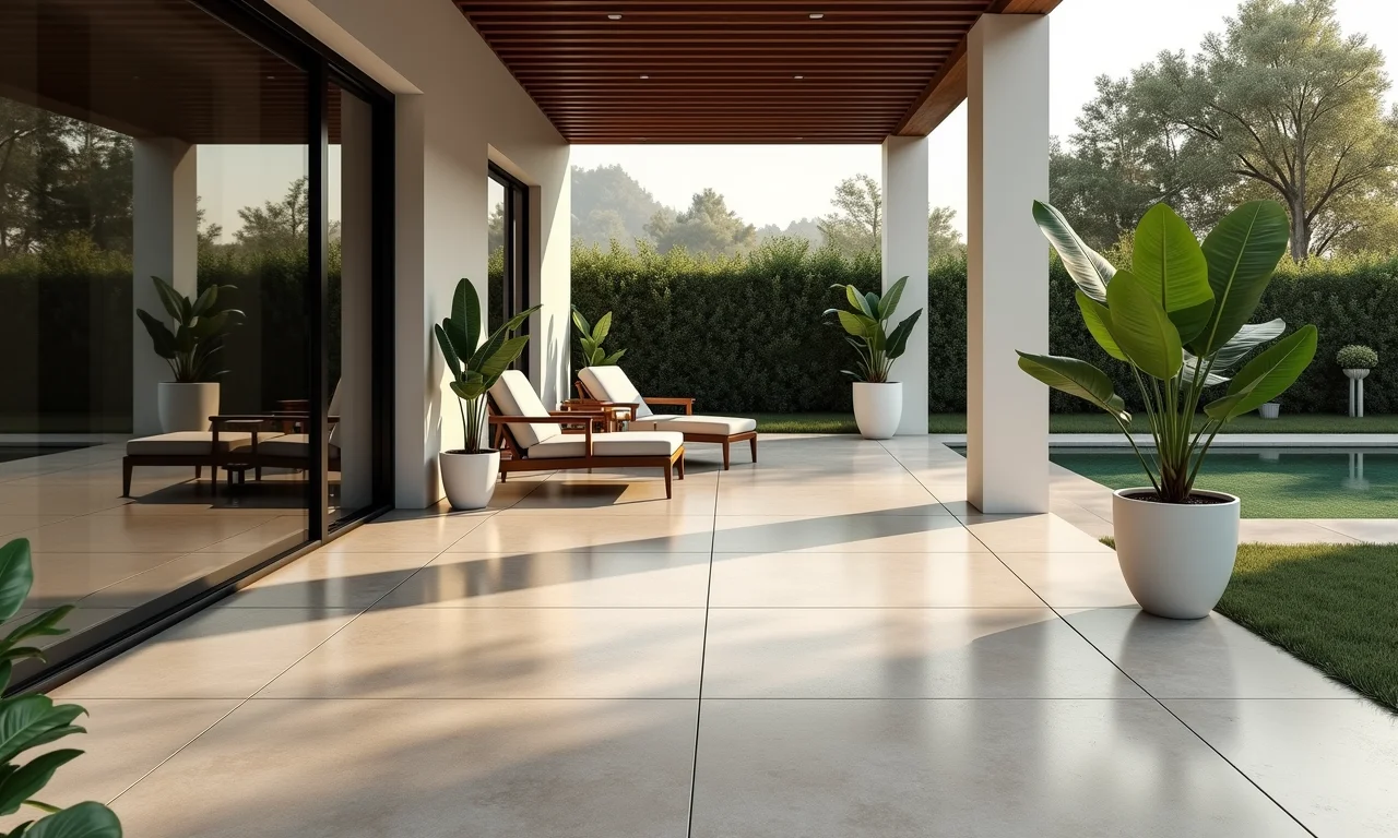 Varanda moderna com piso de porcelanato elegante.