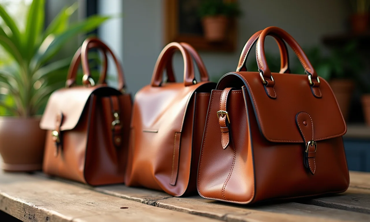 Variedade de bolsas marrons de couro em exposição rústica.