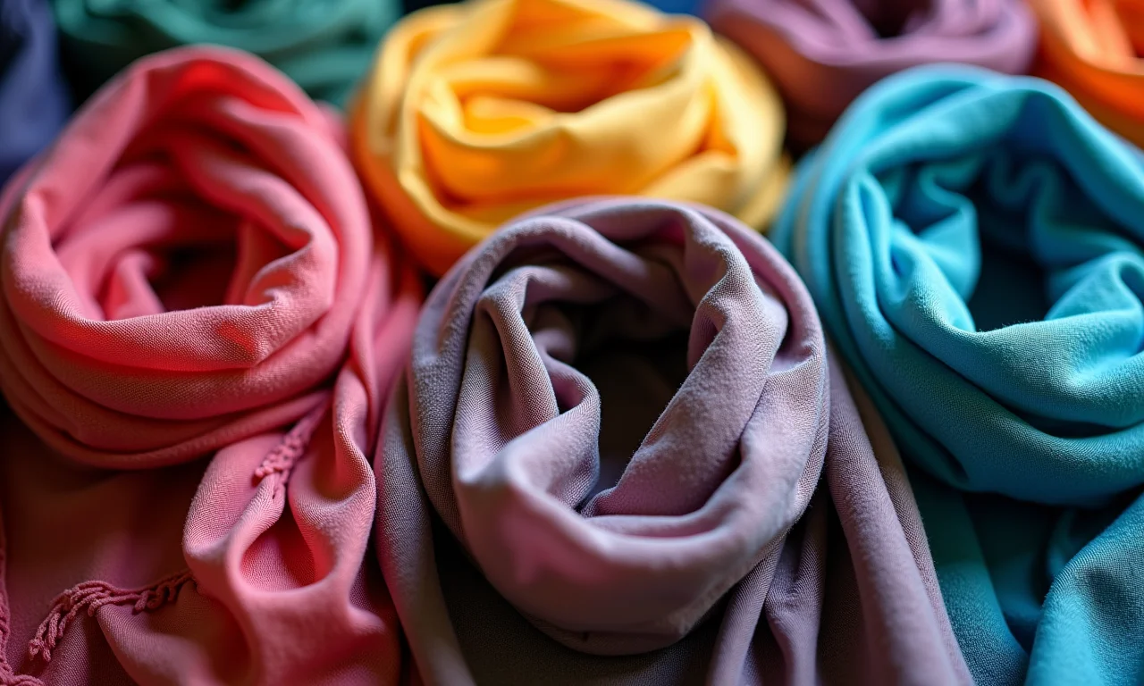 Variedade de cachecóis coloridos com diferentes texturas e padrões.