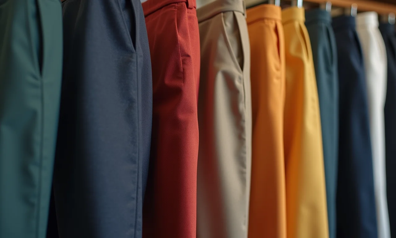 Variedade de calças de alfaiataria reta em diferentes cores e tecidos.