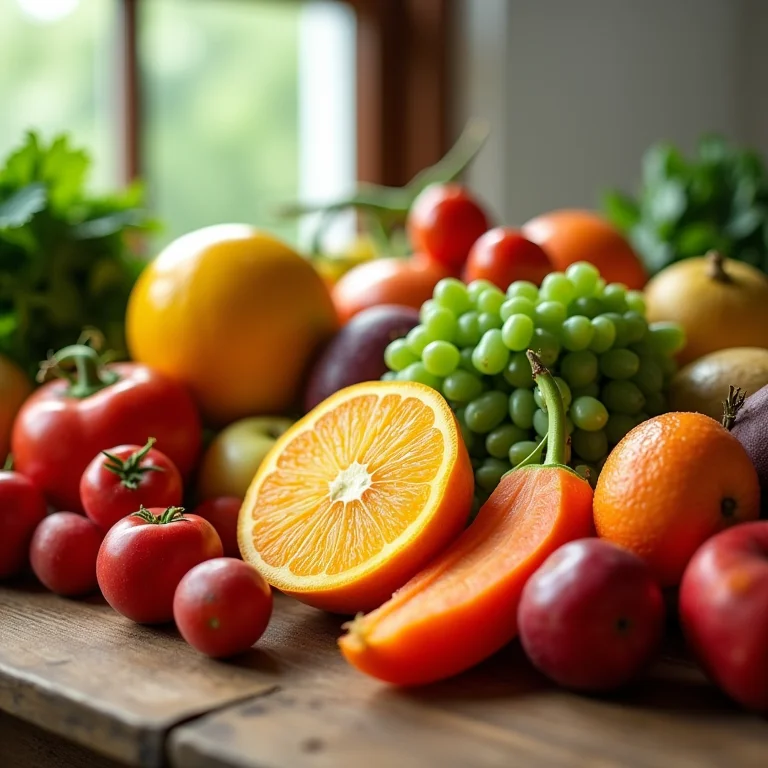 Variedade de frutas e vegetais frescos, representando alimentação saudável e fertilidade