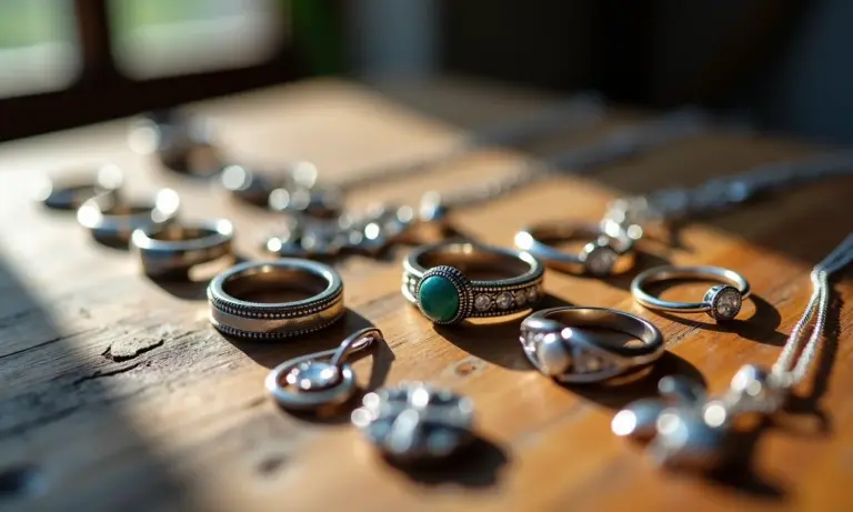 Variedade de joias de prata, incluindo anéis, colares e brincos, em exibição.