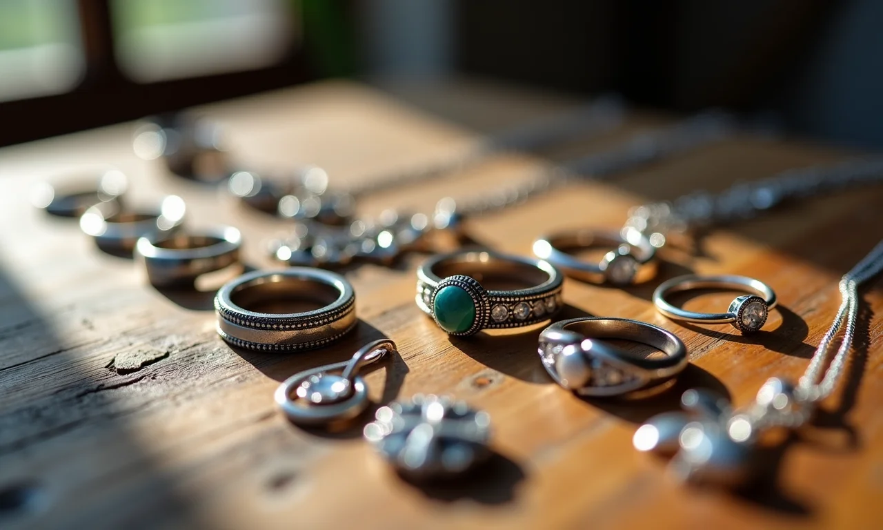 Variedade de joias de prata, incluindo anéis, colares e brincos, em exibição.