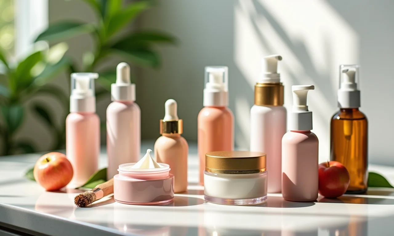 Variedade de produtos de beleza veganos para diferentes necessidades.