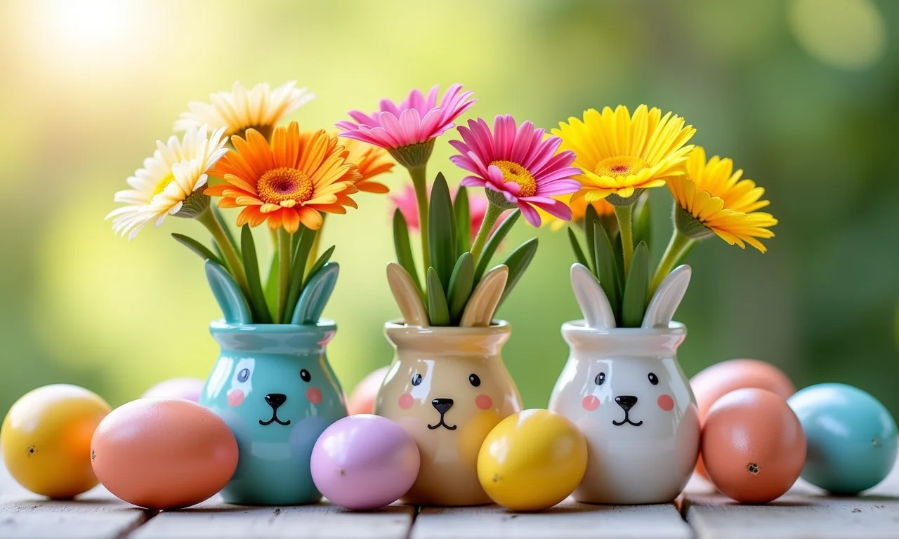 Vasinhos decorados com tema de Páscoa e estilo Farm Rio.