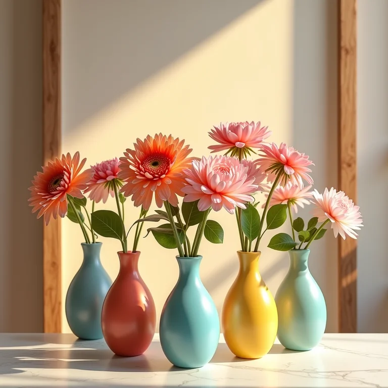 Vasos coloridos com flores em cima da mesa