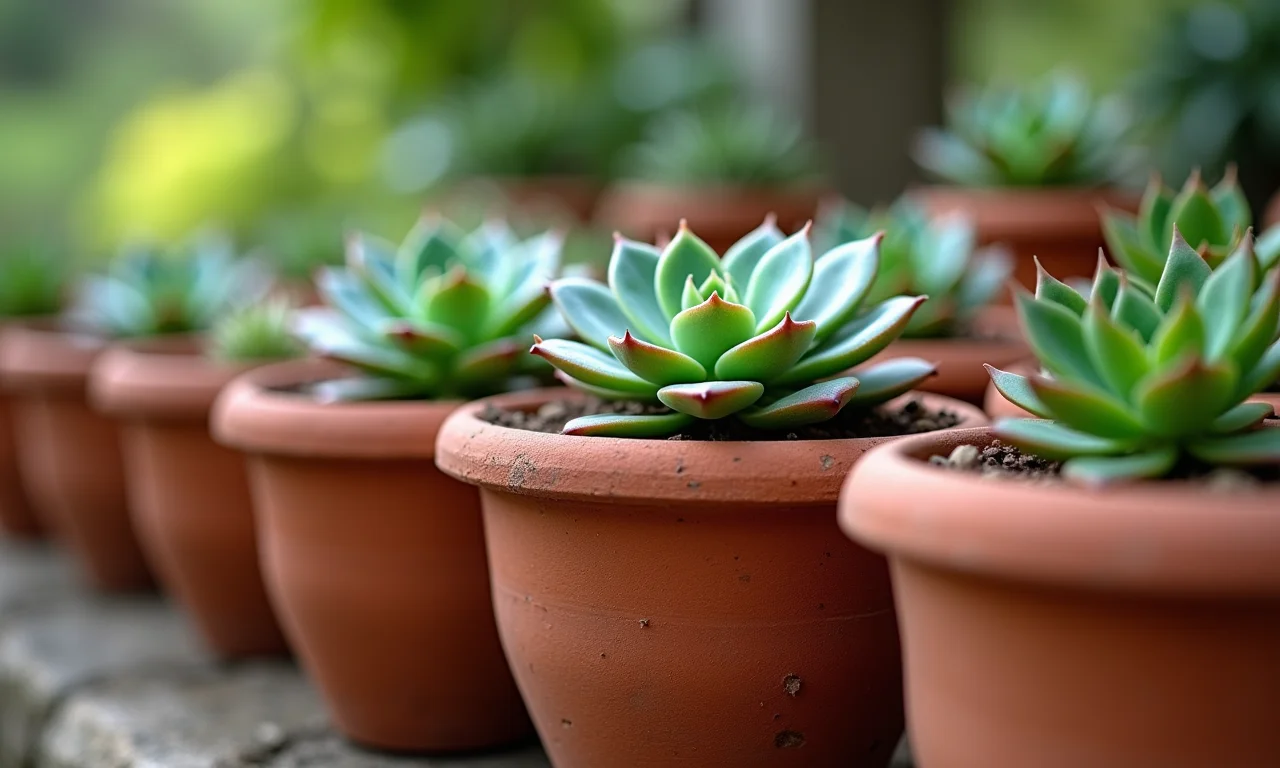 Vasos de barro rústicos com suculentas, textura terrosa em close-up.