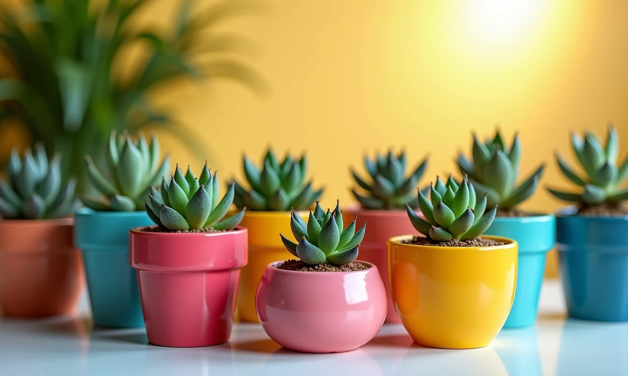 Vasos de cerâmica coloridos com suculentas, arranjo alegre e vibrante.