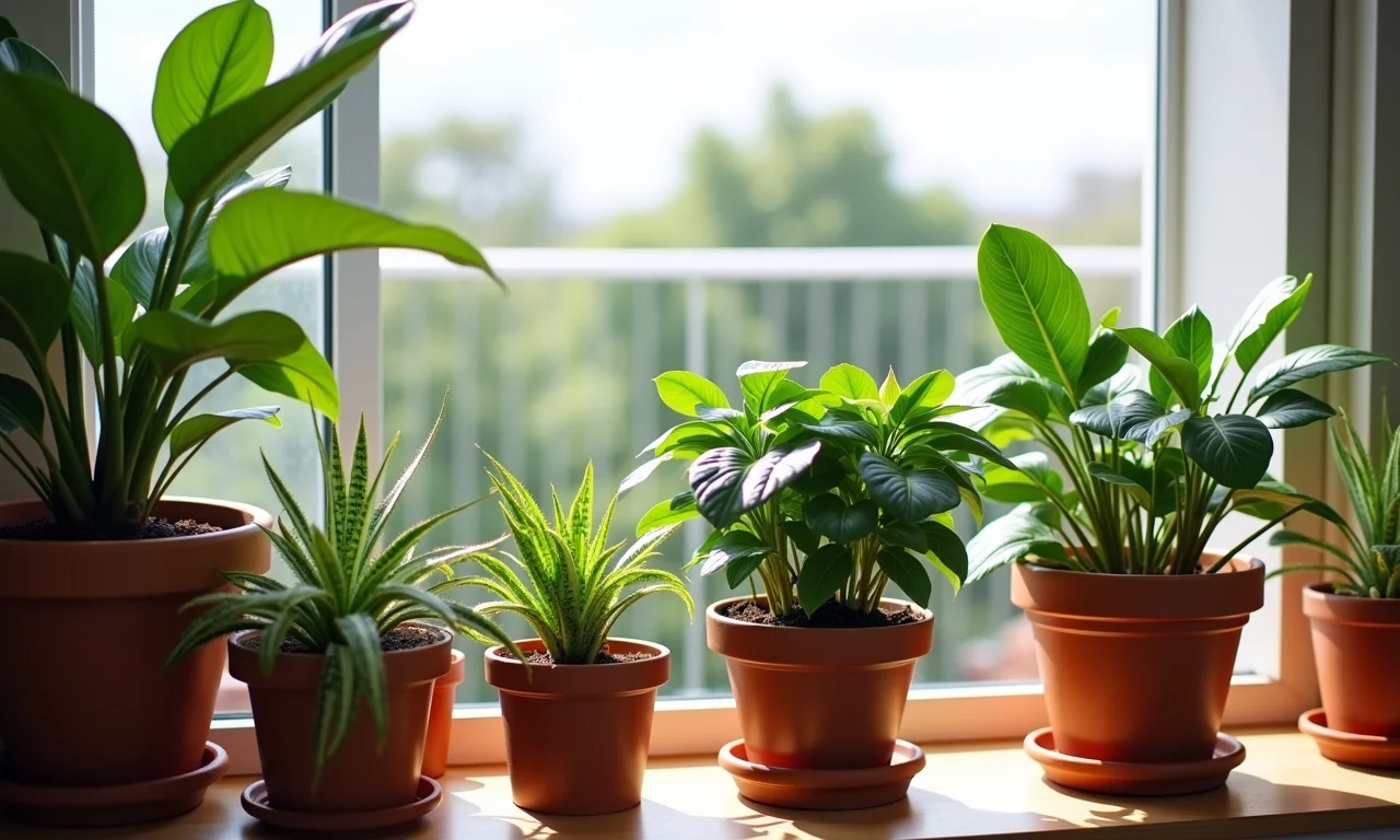 Vasos de plantas decorados com plantas brasileiras em varanda.