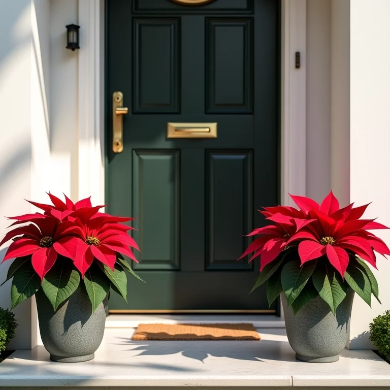 Vasos de plantas temáticos decorando a entrada para o Natal