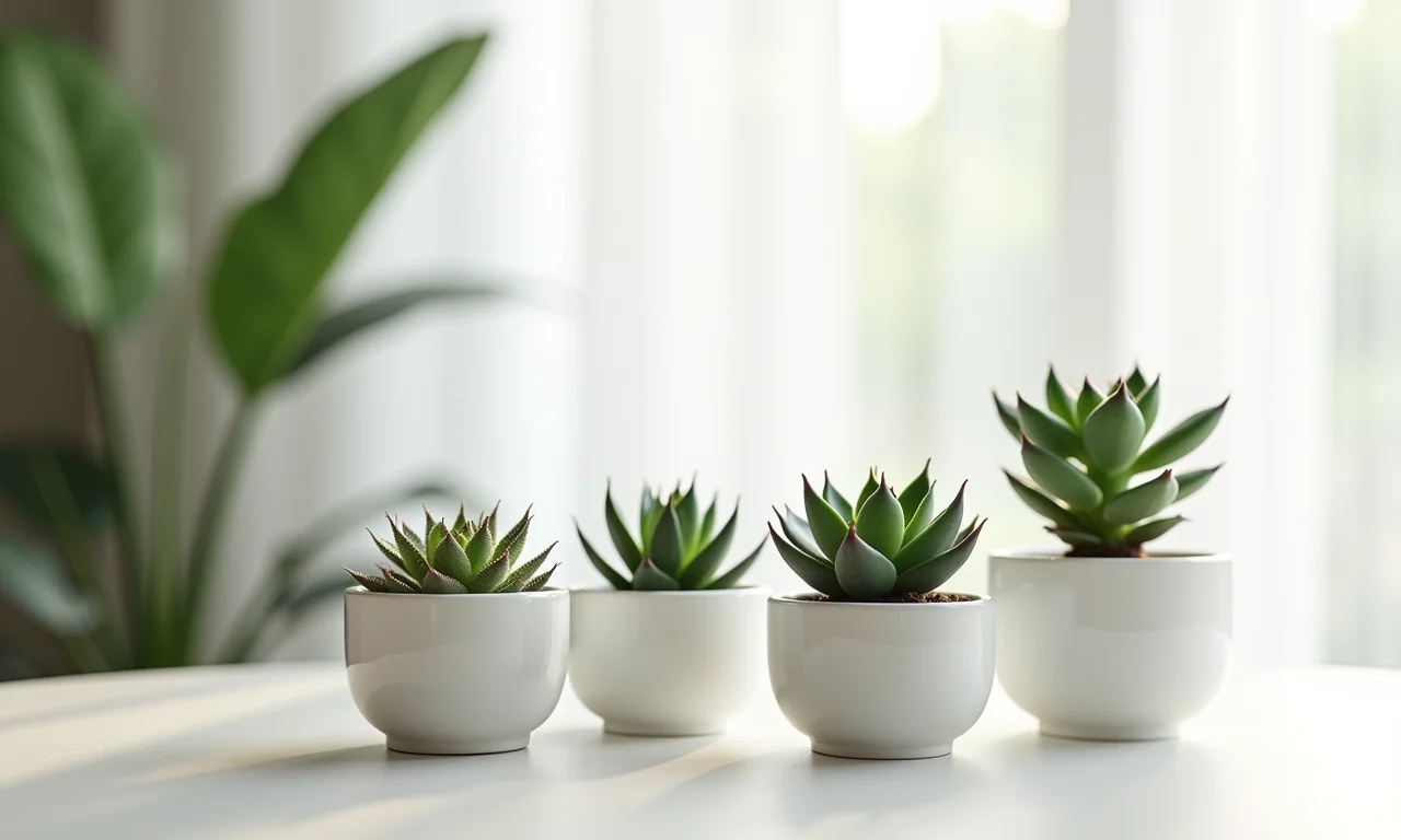 Vasos de plástico leves com suculentas, design moderno e minimalista.