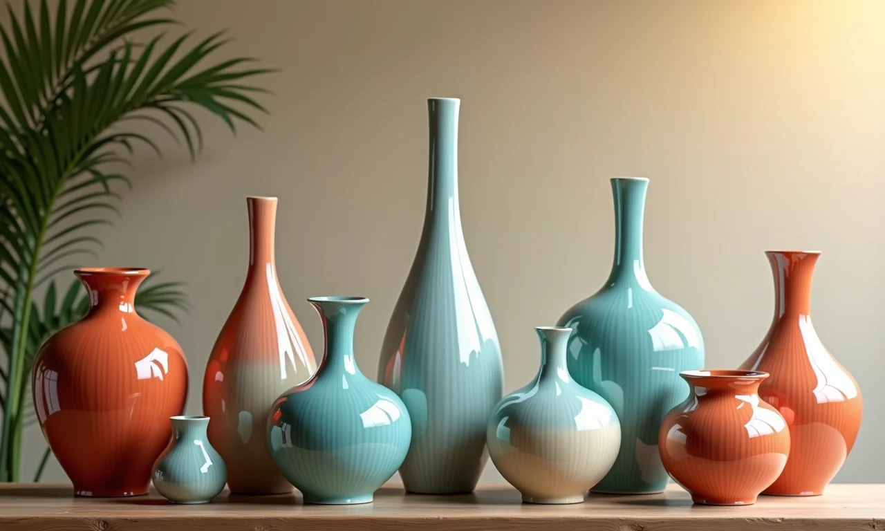 Vasos e cachepots coloridos de cerâmica fria em uma mesa.