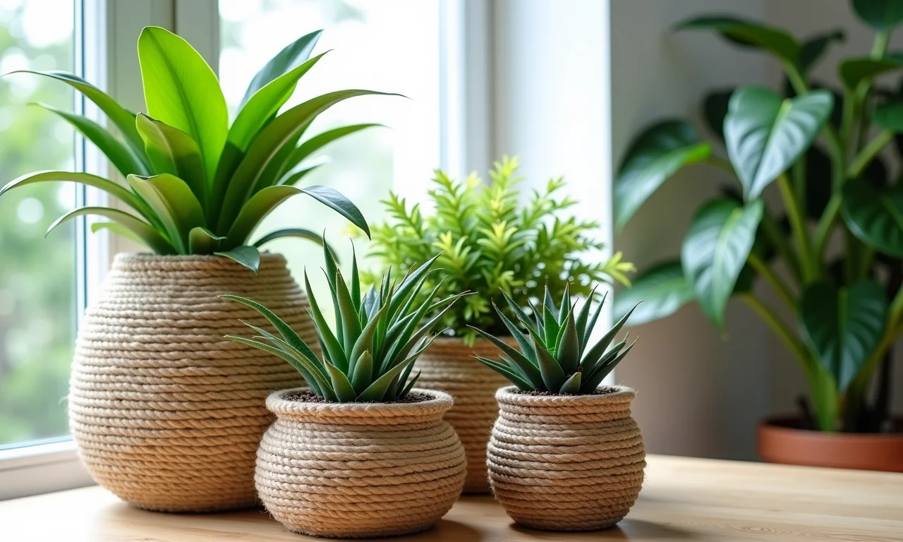 Vasos e cachepots decorados com corda de sisal e plantas vibrantes.