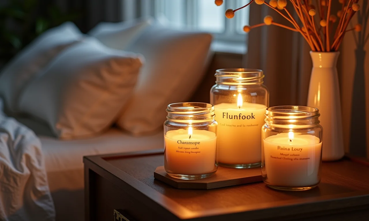 Velas aromáticas artesanais em potes de vidro personalizados sobre uma mesa de cabeceira.