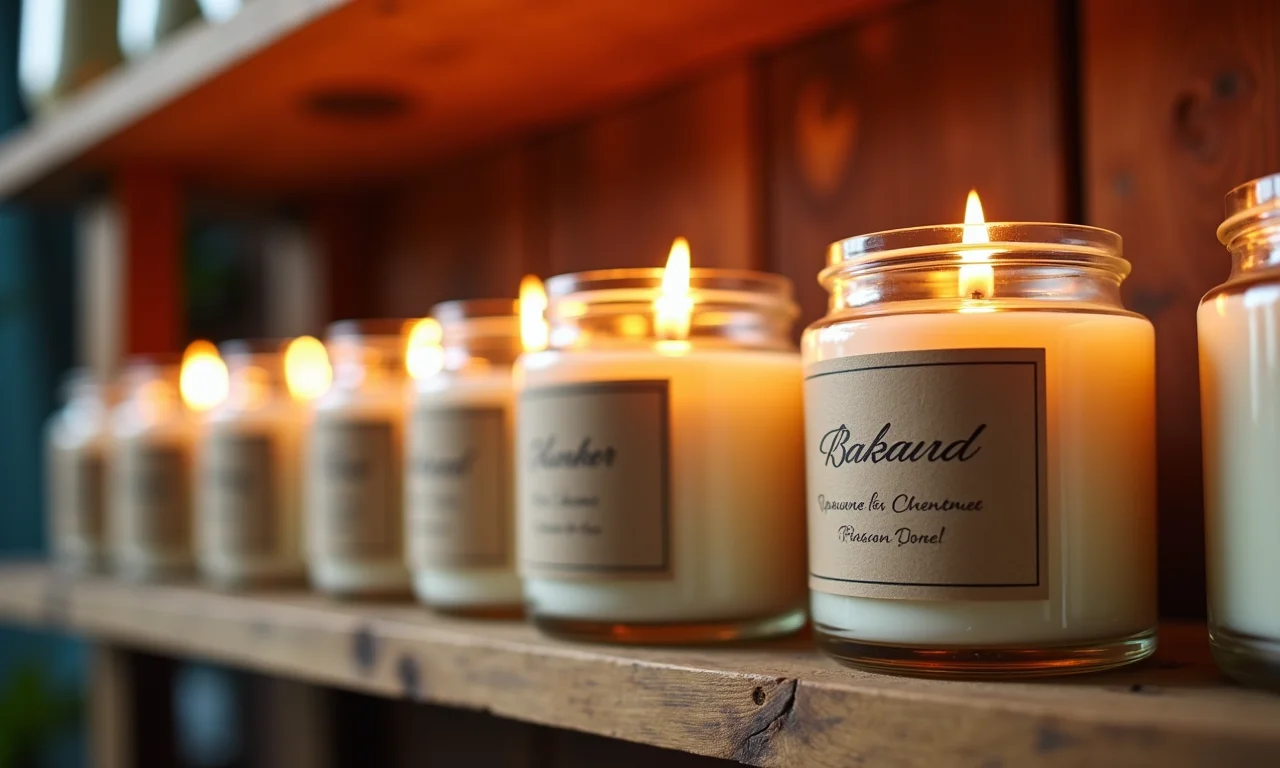 Velas aromáticas artesanais personalizadas em prateleira de madeira rústica.