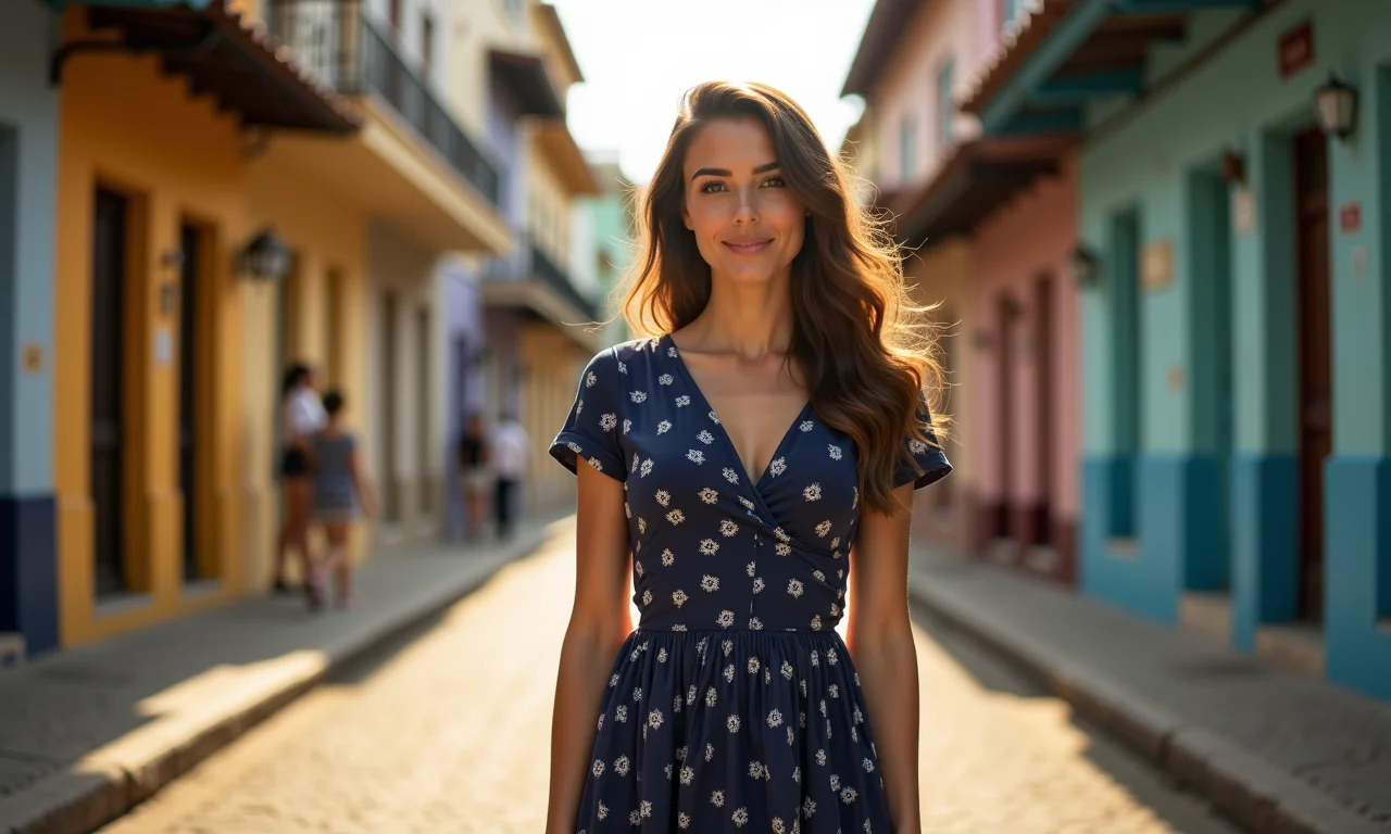 Vestido azul escuro com estampa floral pequena: combinação inteligente para equilibrar o volume dos seios.