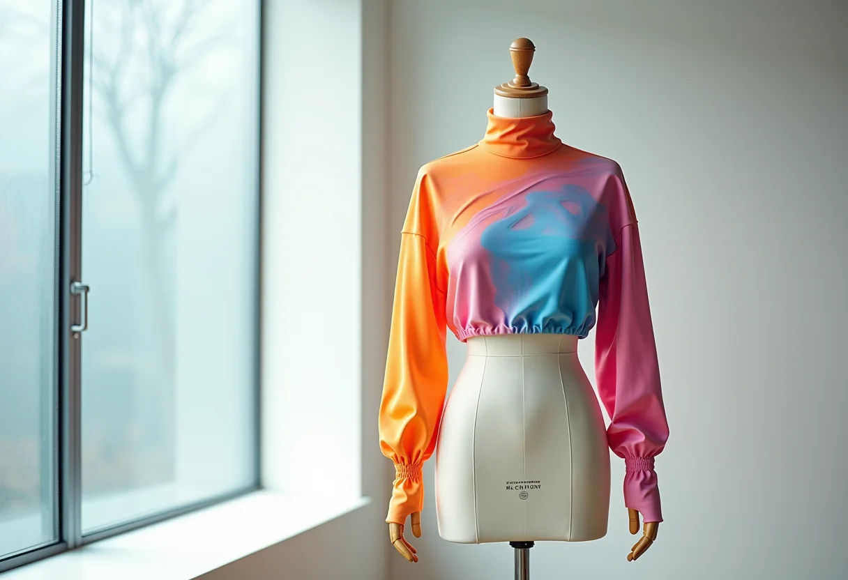 Vestido futurista impresso em 3D exibido em um manequim.