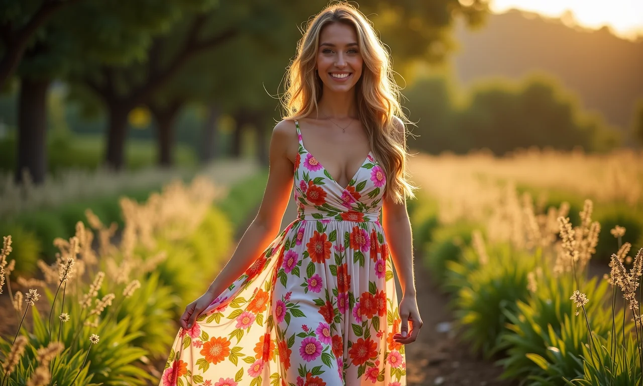 Vestido longo com estampa floral vibrante para casamento no campo.