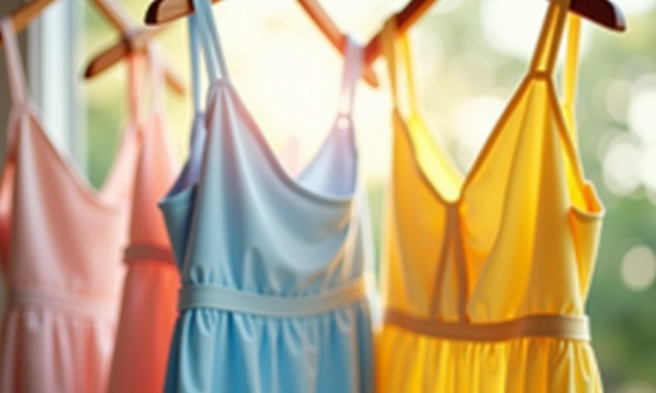 Vestidos de laise em cores pastel pendurados.