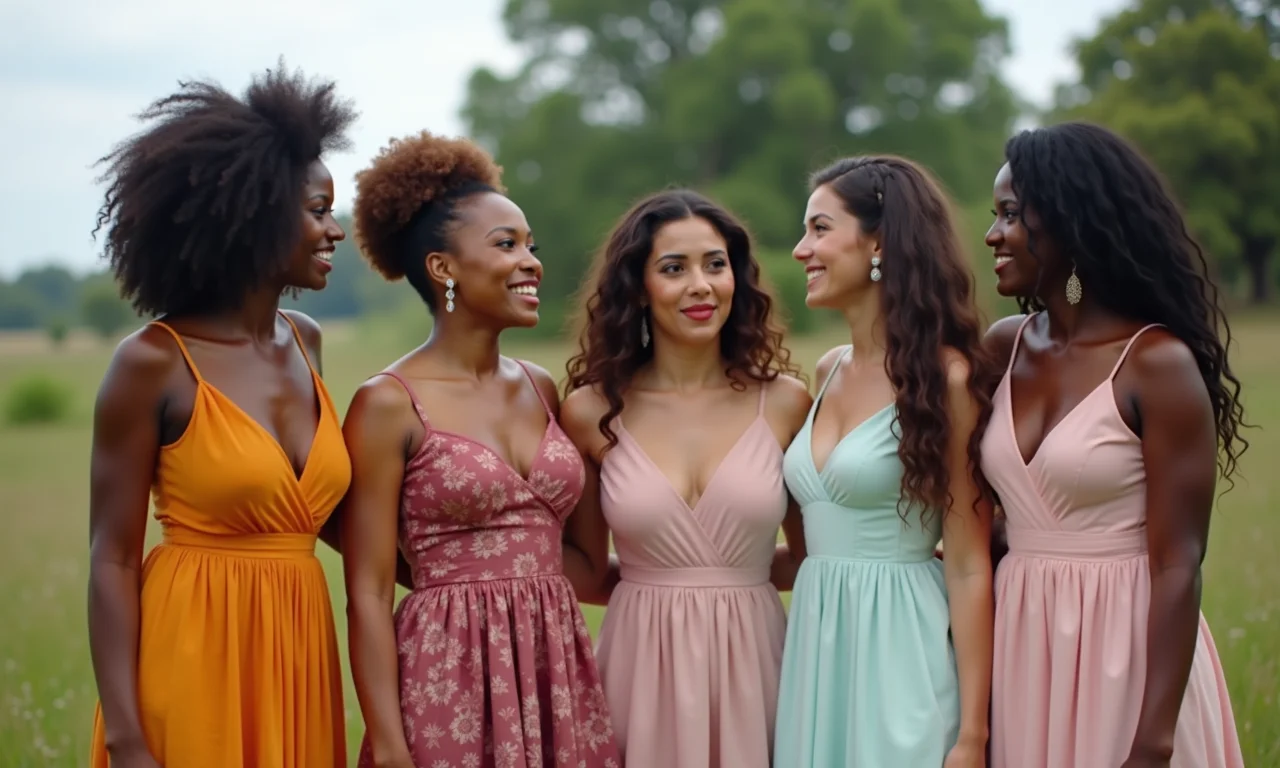 Vestidos vibrantes e tons pastel para casamento no campo.