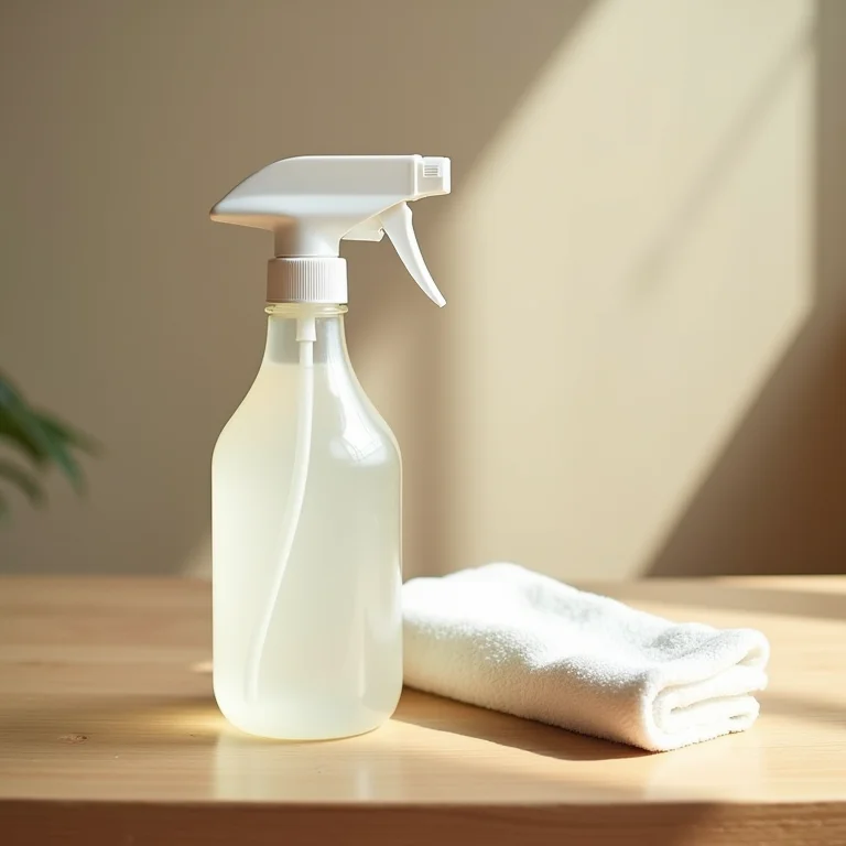 Vinagre branco em spray ao lado de pano de microfibra sobre madeira.