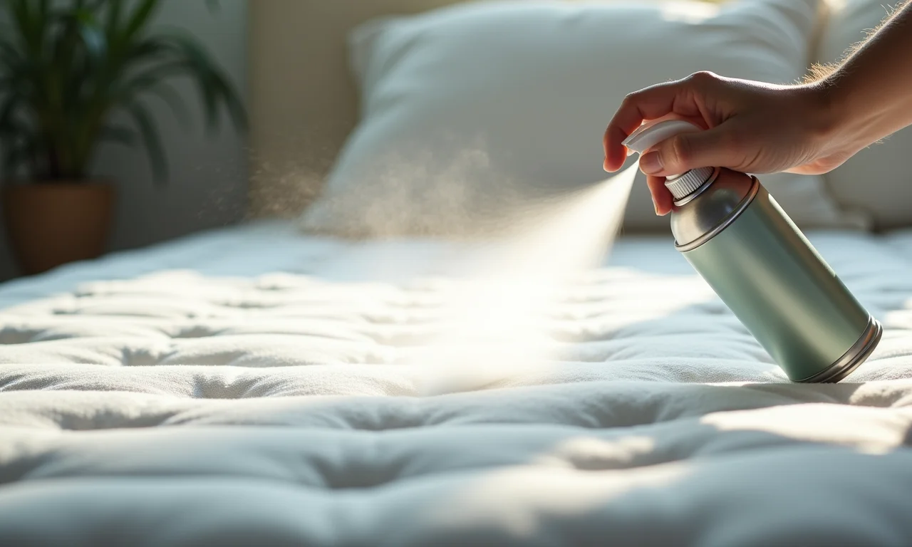 Vinagre branco sendo borrifado em um colchão para desinfecção.