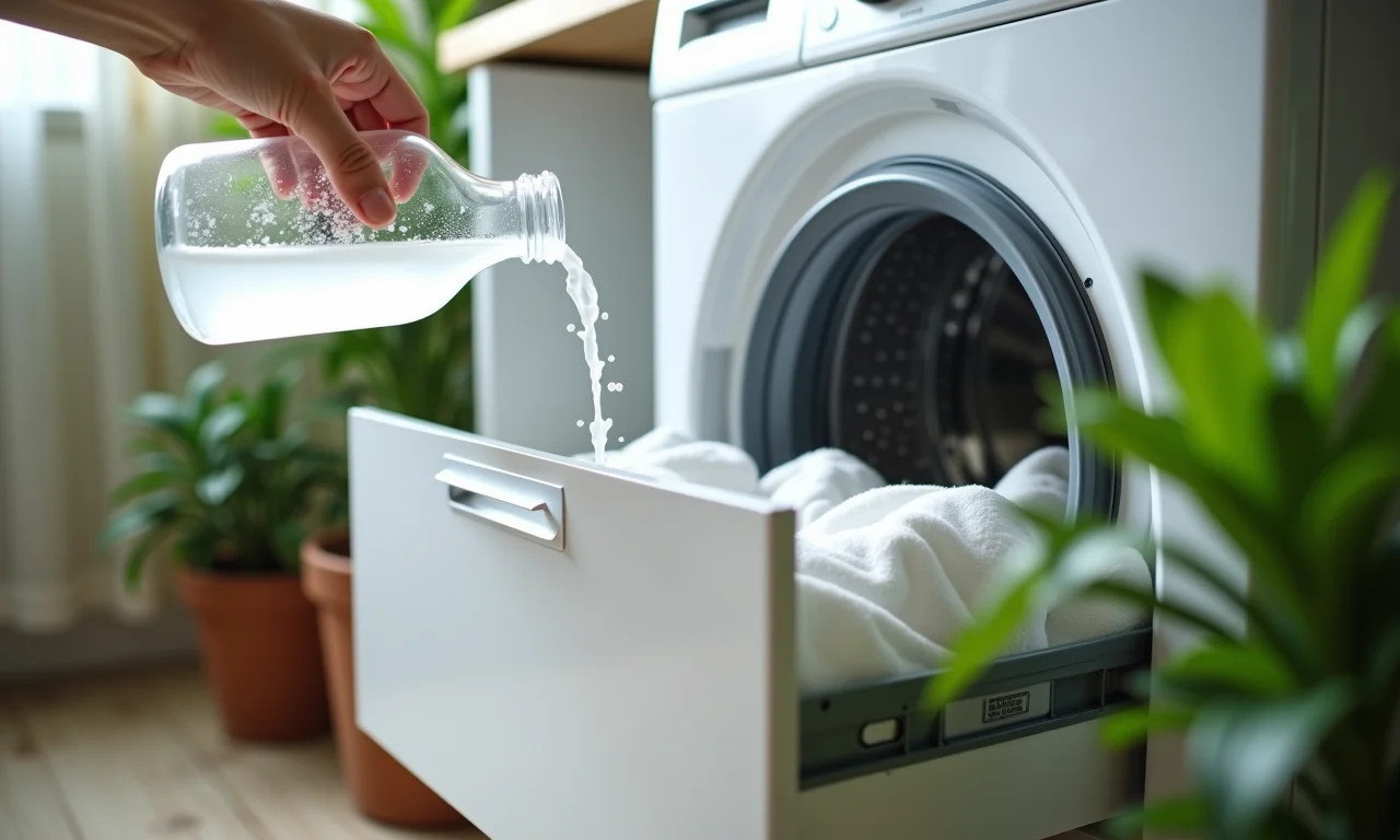 Vinagre branco sendo despejado no compartimento da máquina de lavar.