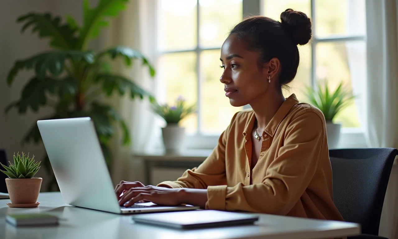 Virginiana em videochamada em escritório no Brasil.