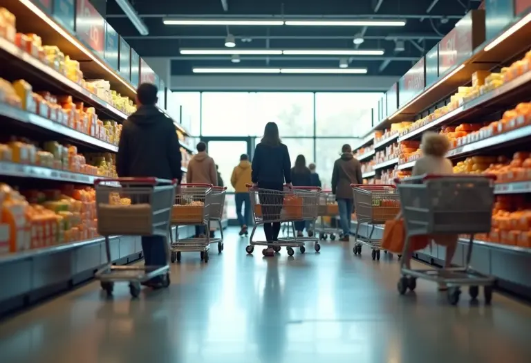 Visão ampla de um supermercado com pessoas comprando e produtos estrategicamente posicionados.