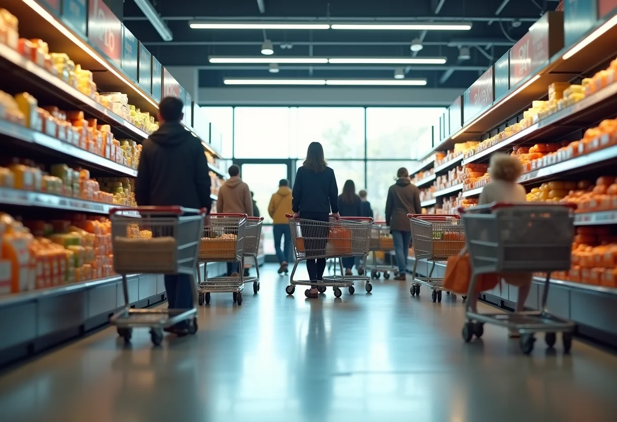 Visão ampla de um supermercado com pessoas comprando e produtos estrategicamente posicionados.