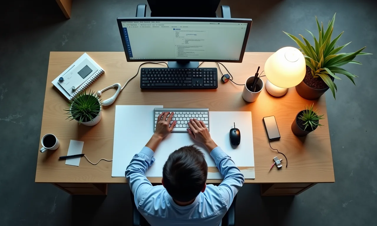 Visão de cima de uma mesa organizada com pessoa trabalhando.