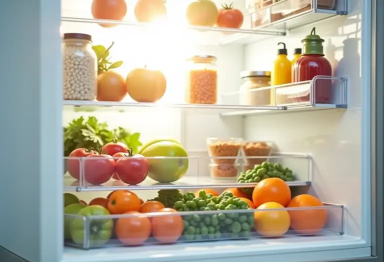 Visão geral de uma geladeira organizada com alimentos frescos e recipientes transparentes.