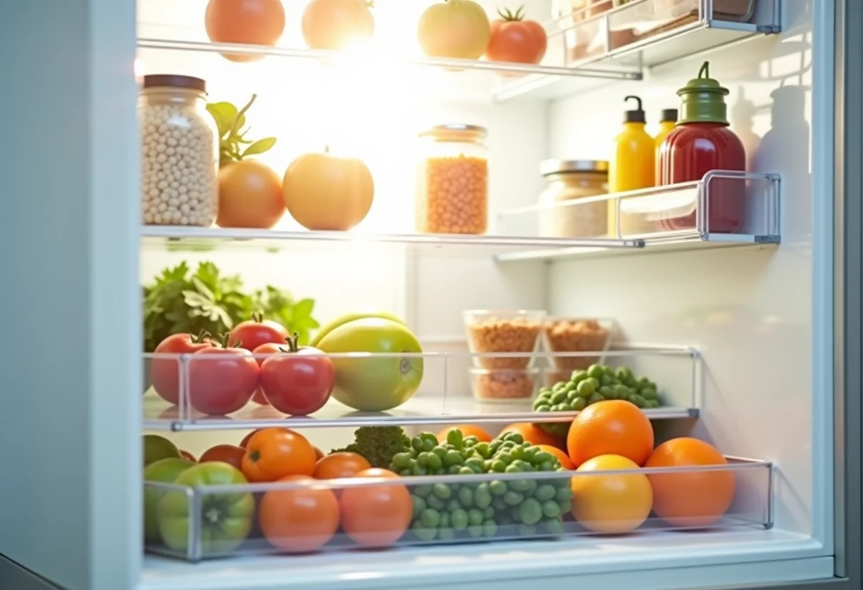 Visão geral de uma geladeira organizada com alimentos frescos e recipientes transparentes.