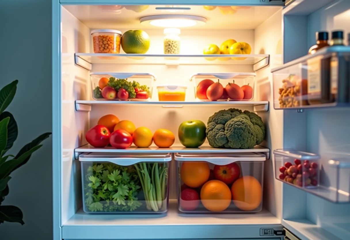 Visão geral de uma geladeira organizada e convidativa.