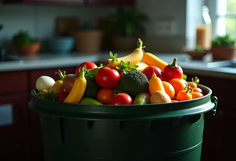 Visão geral de uma lixeira cheia de restos de comida, representando o desperdício alimentar.