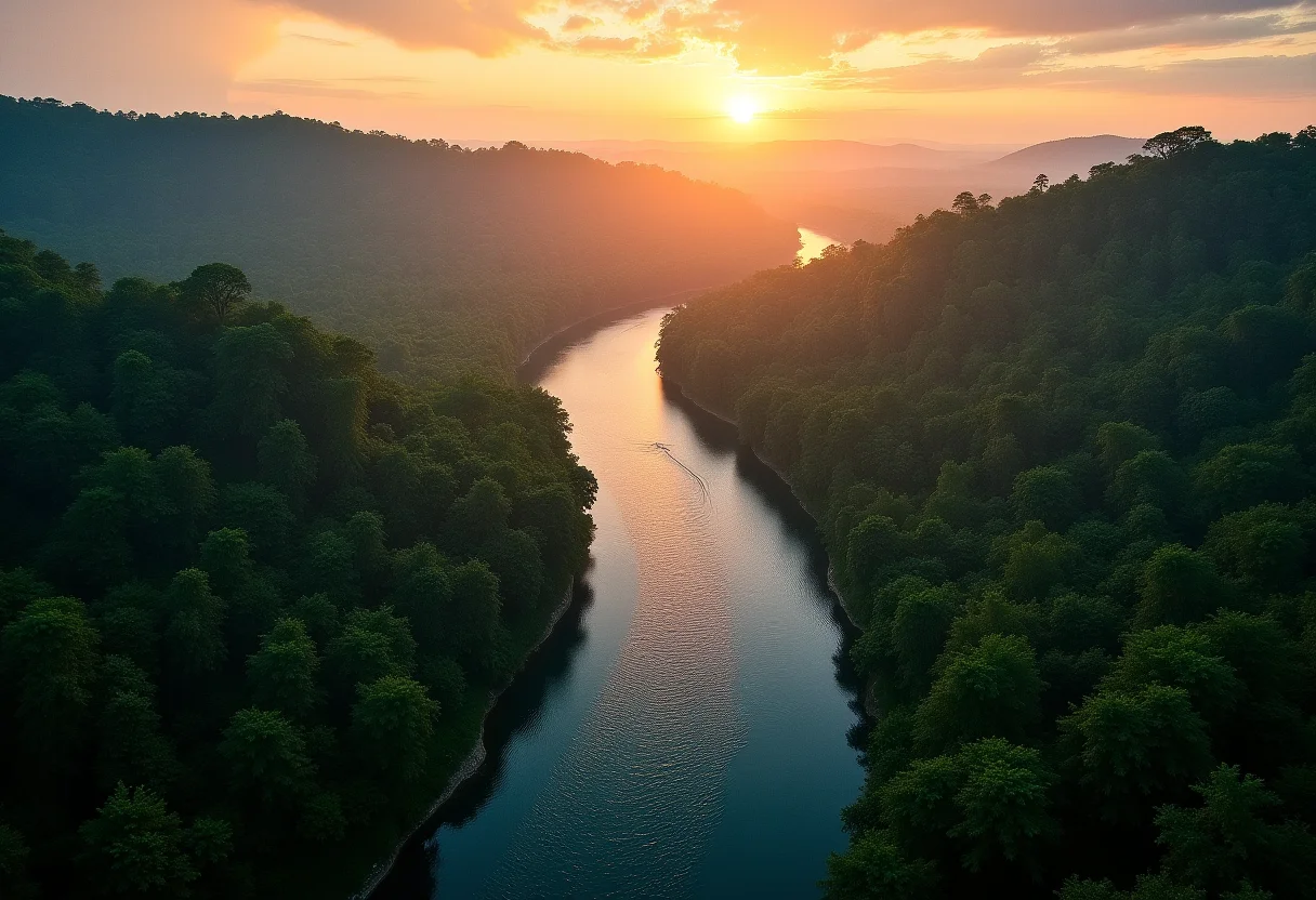 Vista aérea de rio na floresta amazônica ao pôr do sol