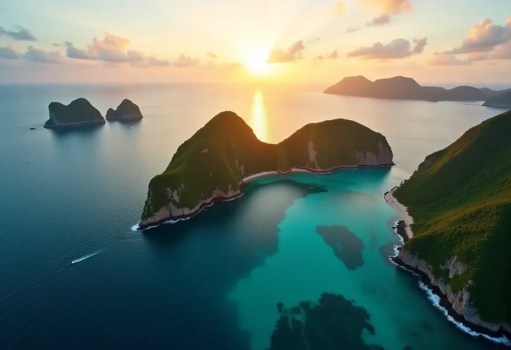 Viagem de Incentivo Sustentável: Destinos Incríveis e Conscientes Vista aérea deslumbrante de Fernando de Noronha ao pôr do sol.