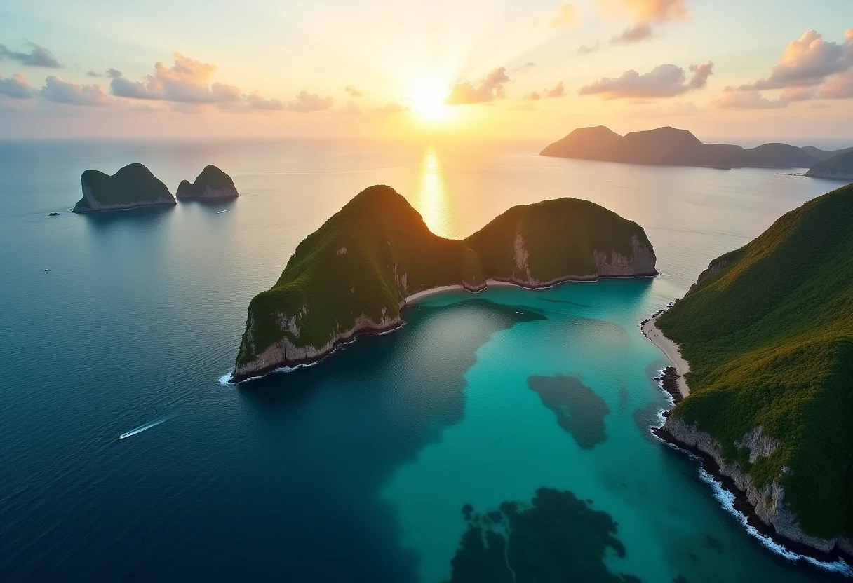 Vista aérea deslumbrante de Fernando de Noronha ao pôr do sol.